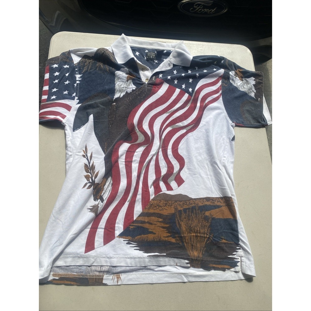American Summer Men's Sz XL Polo Golf Shirt All Over Print Flag Eagle Graphic
